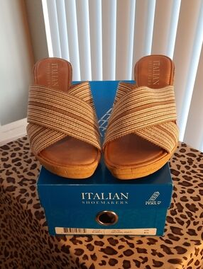 Italian Shoemakers Natural Multi Woven Crisscross Platform Slides